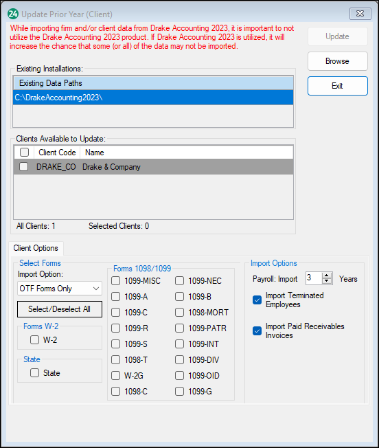 Image showing the update prior year (client) window.